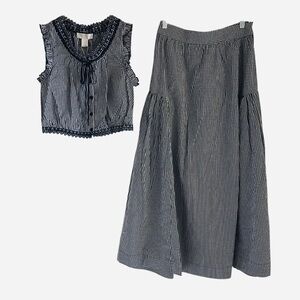 Caroline Constas Gingham Blue White Two-Piece Lace Trim Top & Maxi Skirt Set